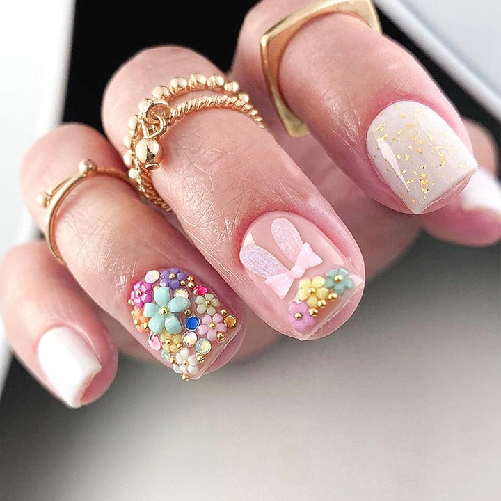 French Tip Press on Nails Short Square Fake Nails with Leopard Print French Bow Designs Nude Glue on Nails Press Ons Glossy False Nails Reusable Cute Stick on Nails for Women 24 Pcs