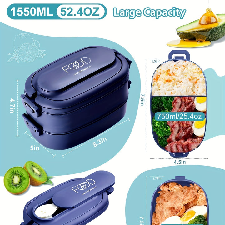 Bento Box Adults Lunch Box: Stackable Lunchbox w/Utensils, Leak-Proof Portable Lunch Container w/Divided Compartments, 1550ml Microwave Safe Lunch Box for Work, Outdoors - Total Trends Fusion