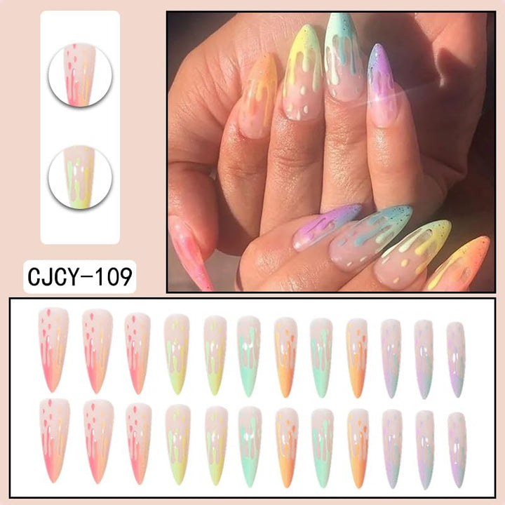 24Pcs Long Fake Nails Almond Press on Nail French Tip Glue on Nails Rainbow Ice Cream Design Acrylic Nails Almond Nails for Women and Girls