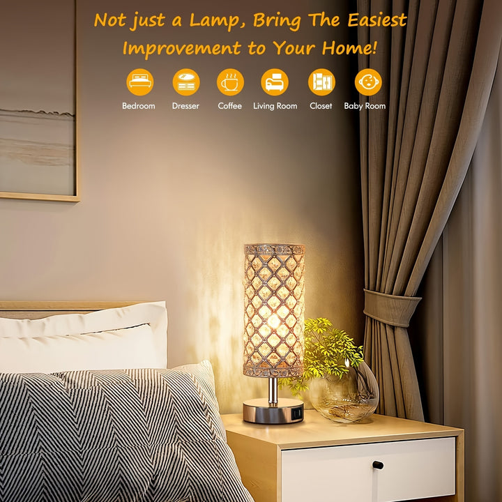 Touch Control Crystal Table Lamp Set of 2 Bedside Nightstand Lamps with 2 USB Charging Ports, 3-Way Dimmable, K9 Crystal Decorative Desk Lamp for Bedroom, Girls Guest Room, Living Room, Bulbs Included - Total Trends Fusion