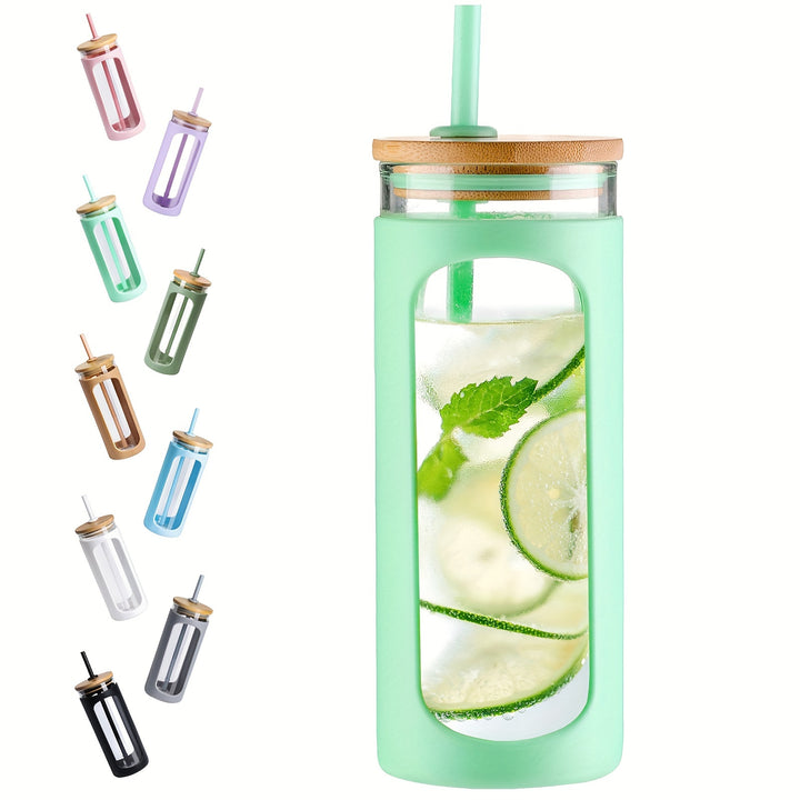 MUKOKO 20oz Glass Water Tumble With Straw And Lid, Bamboo Lids Water Bottle, Iced Coffee Cup Reusable, Wide Mouth Smoothie Cups, Straw Silicone Protective Sleeve BPA FREE - Total Trends Fusion