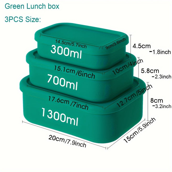3pcs Silicone Bento Lunch Box Set with Lids - Airtight, Microwave & Dishwasher Safe Food Storage Containers in Green/Pink/Blue - Perfect for School, Office, Camping & Picnics (10oz, 23.6oz, 44oz) - Total Trends Fusion