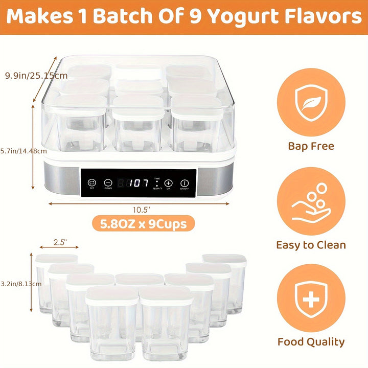 9-Cup Automatic Greek Yogurt Maker Machine - Temperature and Time Control, Glass Jars for Effortless Cleaning, Ideal for Homemade Yogurt, Healthy Snacks and Delicious Recipes - Total Trends Fusion