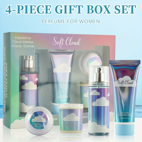 4-Piece Set, Women's Eau De Parfuma Spray&Body Lotion&Bath Bomb&Fine Fragrance Candle Gift Box, Long Lasting Fragrance Body Mist, Perfect For Holiday Gifts, Dating, Daily Life, Parties, 3.4 Fl Oz Perfume, 3.4 Fl Oz Body Lotion