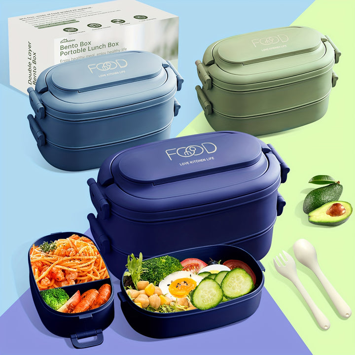 Bento Box Adults Lunch Box: Stackable Lunchbox w/Utensils, Leak-Proof Portable Lunch Container w/Divided Compartments, 1550ml Microwave Safe Lunch Box for Work, Outdoors - Total Trends Fusion