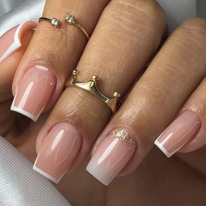 24Pcs/Set Short Fake Nails for Women Girls French Nude Square White Tips with Rhinestones Glitters Y2K Press on False Nail Art