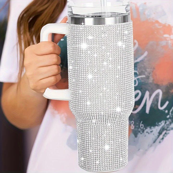 40oz Stainless Steel Glitter Tumbler - Rhinestone Decor, Flat Bottom Cup, Sparkly Gift for Women, Reusable, Hand Wash Only, Modern Design, Skinny Tumbler with Straw and Handle - Total Trends Fusion