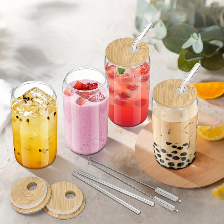 4Pcs Drinking Glasses with Bamboo Lids and Glass Straw - 16 Oz Can Shaped Glass Cups for Beer, Ice Coffee, Cute Tumbler Cup Great for Soda Boba Tea Cocktail Include 2 Cleaning Brushes - Total Trends Fusion