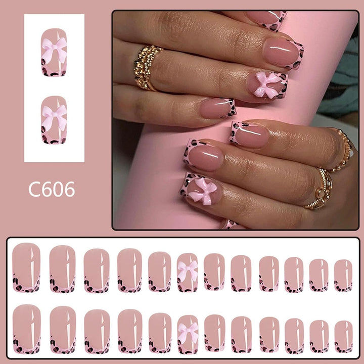 French Tip Press on Nails Short Square Fake Nails with Leopard Print French Bow Designs Nude Glue on Nails Press Ons Glossy False Nails Reusable Cute Stick on Nails for Women 24 Pcs