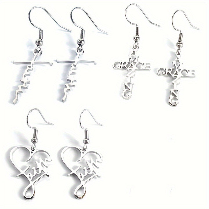 3 Pairs Stainless Steel Amazing Grace Shaped Hook Dangle Earrings, Unisex Jewelry for Daily Accessories and Chic Gifts - Total Trends Fusion