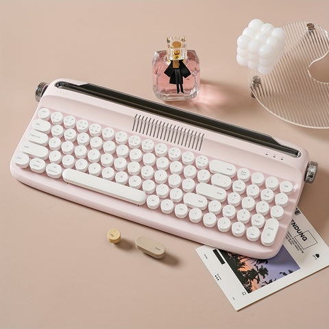 YUNZII B309 Pink Upgraded Wireless Retro Typewriter Style Keyboard, Integrated Stand, USB-C/BT Keyboard, Cute Round Keycaps & Volume Switching Knobs For Multi-Device, Compatible With Win/Mac/iOS/Android Multi-System - Total Trends Fusion