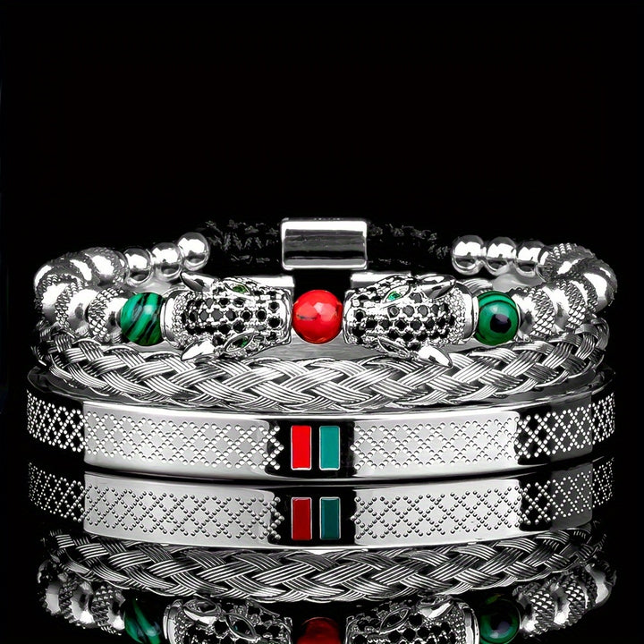 1pc Double Leopard Head Enamel Green Red Bracelet, Stainless Steel Bracelet Bangle, For Men Women - Total Trends Fusion