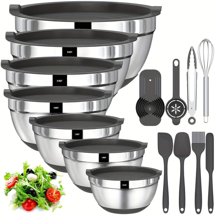 Bowls With Airtight Lids, 20 Piece Stainless Steel Metal Nesting Bowls, Non-Slip Colorful Silicone Bottom, Size 7, 3.5, 2.5, 2.0, 1.5, 1, 0.67QT, Great For Mixing, Baking, Serving - Total Trends Fusion