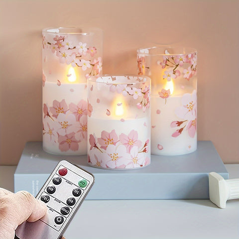 3 Pack, Plastic Flameless Flickering Candles, Pink Flower Pattern, Battery Operated, With Looping 24-hour Timer And 10-button Remote Control, Suitable For Indoor, Outdoor, Wedding Decoration - Total Trends Fusion