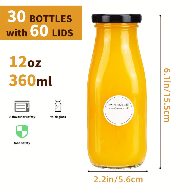 30pcs 12oz Glass Milk Bottle with Lid, 30 Milk Jars, 30 Metal Lids, and 32 Waterproof Stickers for Versatile Use, Small Reusable Vintage Glass Milk Jars Drinking Juice Bottles with 60 Lids and Waterproof Labels - Total Trends Fusion