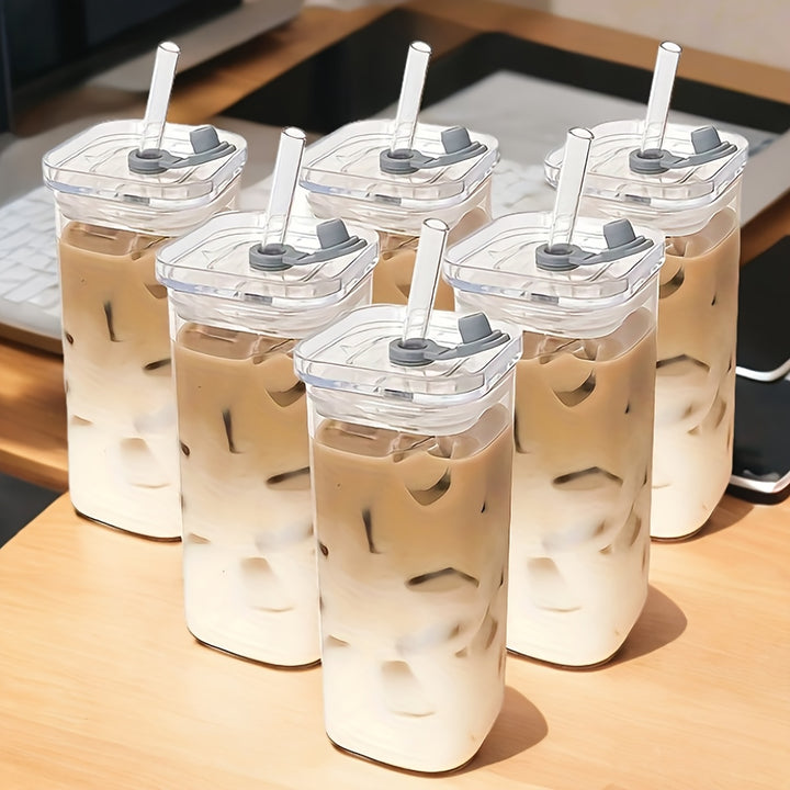 6/4pcs Square Glass Mugs with Lids, Portable Drinking Mugs, Perfect Coffee Mugs, Includes Glass Lid/Straw, Gift for Mug Collectors, Great for Office, Home, School, And Outdoor Use!