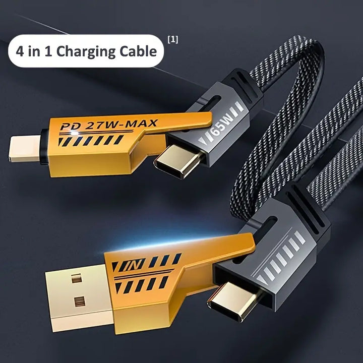 A 47.24-inch yellow mech shell data cable, one cable with 4 types of interfaces, suitable for most charging devices, safe, stable, and efficient. - Total Trends Fusion