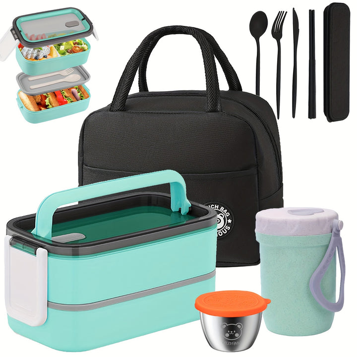 60oz 2 layers Multi grid Lunch Box with Sauce Box, Soup Cup, Cutlery, and Insulated Bag. Lunch Box Set. - Total Trends Fusion