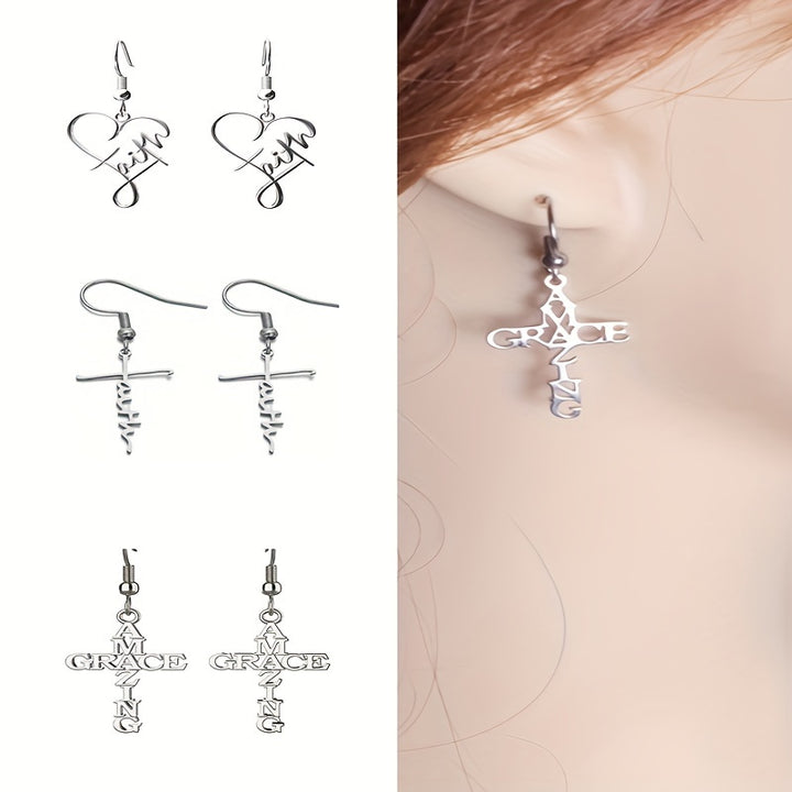 3 Pairs Stainless Steel Amazing Grace Shaped Hook Dangle Earrings, Unisex Jewelry for Daily Accessories and Chic Gifts - Total Trends Fusion