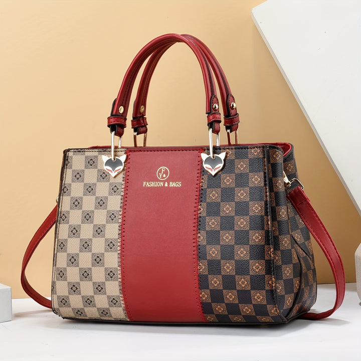 New versatile color blocking high-capacity checkered printed handbag - Total Trends Fusion