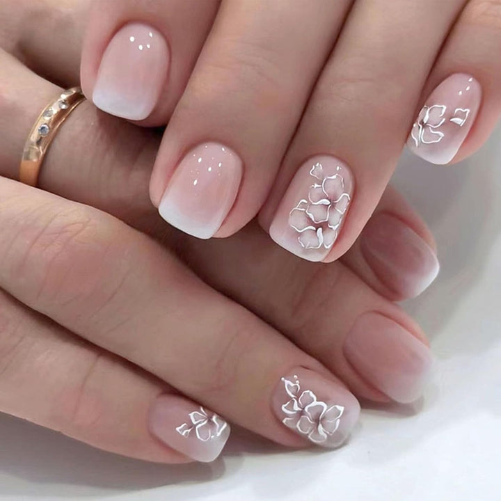 French Tip Press on Nails Short Square Fake Nails with Leopard Print French Bow Designs Nude Glue on Nails Press Ons Glossy False Nails Reusable Cute Stick on Nails for Women 24 Pcs