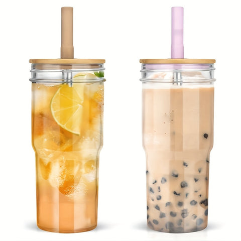 24 oz Wide Mouth Mason Jar Drinking Glass with Bamboo Lids and Straws 2 Pack, Smoothie Cup Reusable for Iced Coffee, Pearl Milkshake, Water, Juice BPA Free - Total Trends Fusion