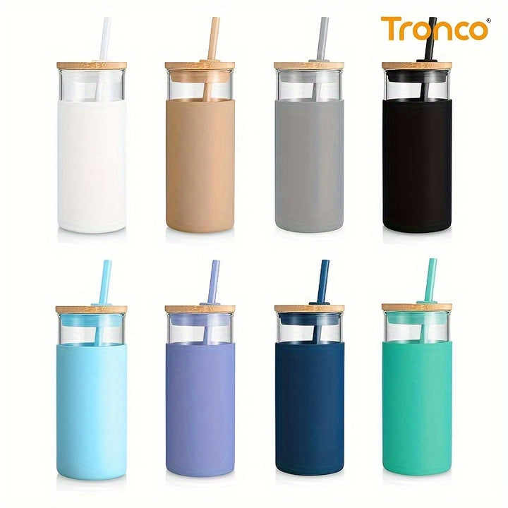 20 oz Glass Tumbler Glass Water Bottle Straw Silicone Protective Sleeve Bamboo Lid - BPA Free - Amber/ 8 Pack - Total Trends Fusion