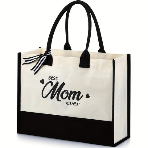 Mother's Day Mom Tote Bag 16.5 X 11.8 X 6.7 Inch Canvas Beach Bag Gifts For Mother Initial Tote Bags For Mother Best Mom Ever Gifts With Zipper And Inner Pocket Mom Bags For Women First Time Mom - Total Trends Fusion
