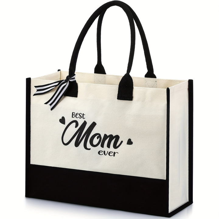 Mother's Day Mom Tote Bag 16.5 X 11.8 X 6.7 Inch Canvas Beach Bag Gifts For Mother Initial Tote Bags For Mother Best Mom Ever Gifts With Zipper And Inner Pocket Mom Bags For Women First Time Mom - Total Trends Fusion