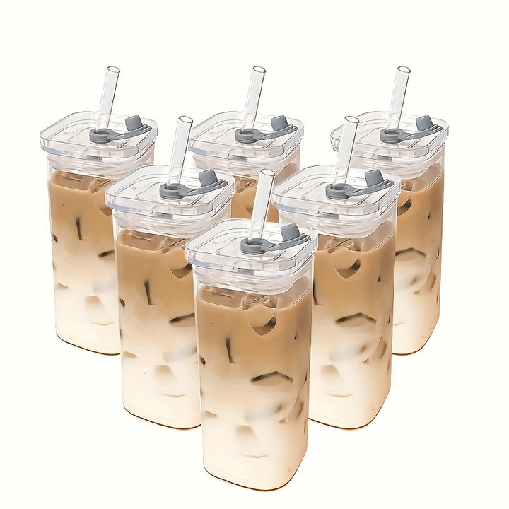 6/4pcs Square Glass Mugs with Lids, Portable Drinking Mugs, Perfect Coffee Mugs, Includes Glass Lid/Straw, Gift for Mug Collectors, Great for Office, Home, School, And Outdoor Use!