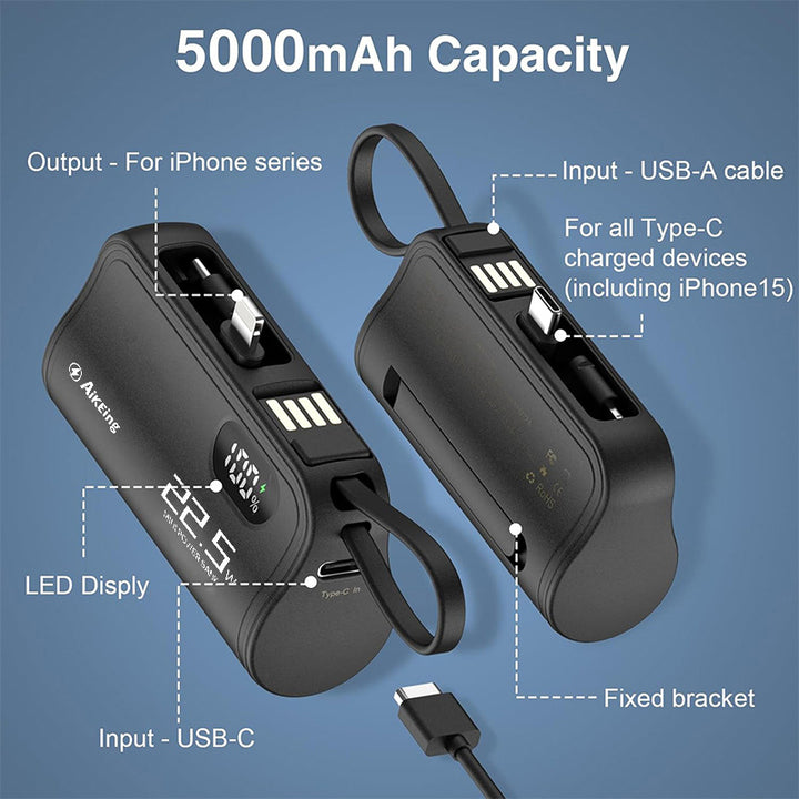 Aikeing Capsule mini mobile charger 5800mAh mobile power, 22.5w fast charge for iPhone 15/15 Pro Max/14/13/12/11/XR/8/ Samsung, Android mobile phone digital accessories, etc - Total Trends Fusion