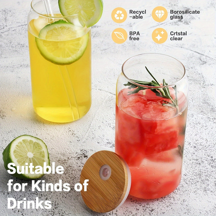 4Pcs Drinking Glasses with Bamboo Lids and Glass Straw - 16 Oz Can Shaped Glass Cups for Beer, Ice Coffee, Cute Tumbler Cup Great for Soda Boba Tea Cocktail Include 2 Cleaning Brushes - Total Trends Fusion
