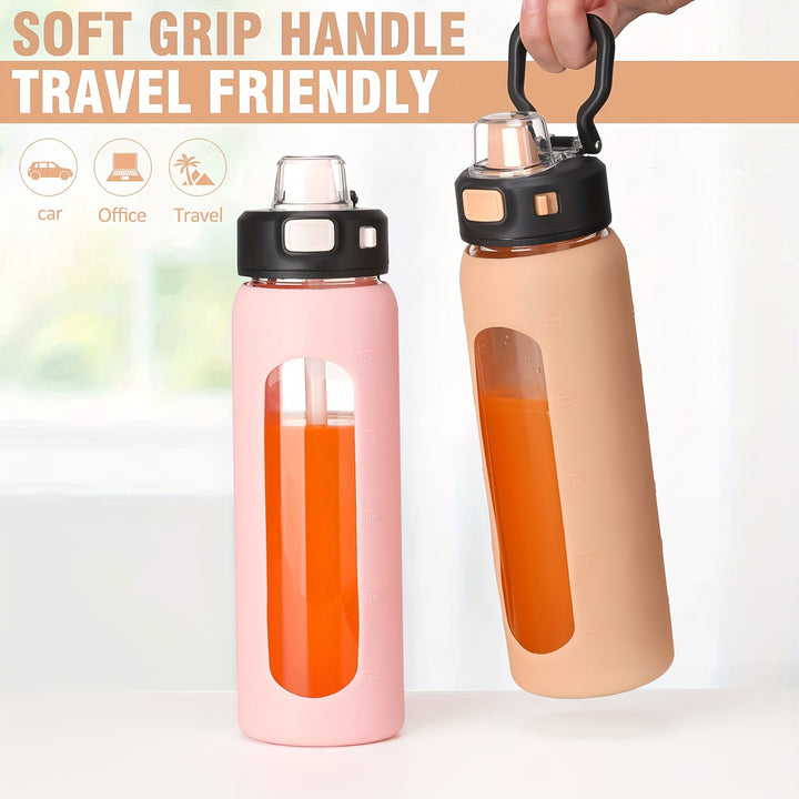 MUKOKO 24oz Glass Water Bottle With Straw, Motivational Water Bottles With Time Marker And Silicone Sleeve, Glass Bottle With Locking Lid And Carry Loop - Total Trends Fusion