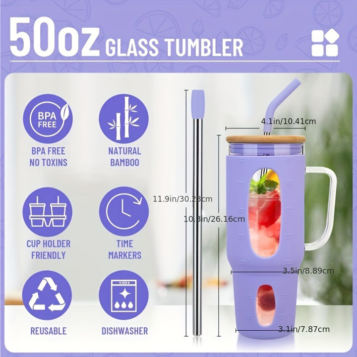 50oz Glass Tumbler with Straw and Lid, Reusable Glass Tumbler with Handle, Iced Coffee Cup with Bamboo Lid, Glass Water Bottles Fit in Cup Holder - Total Trends Fusion