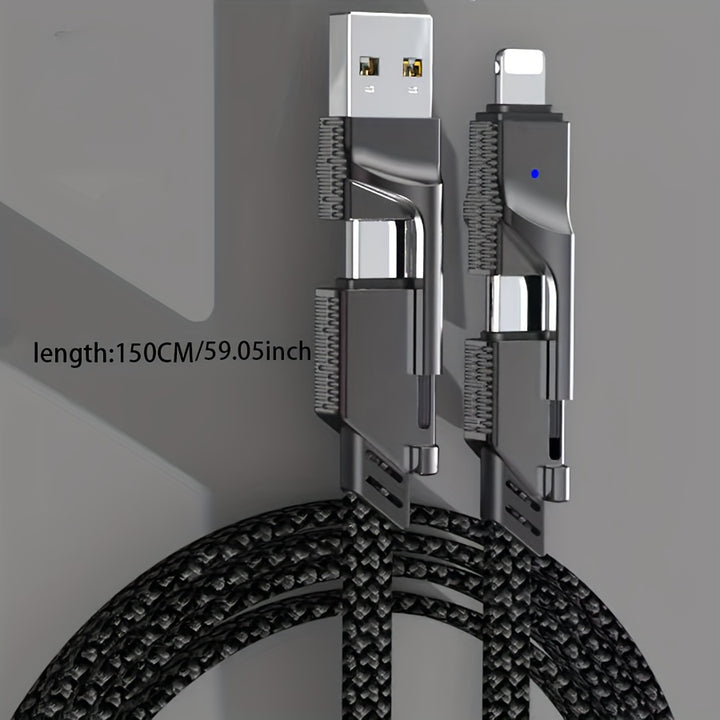 4-In-1 Usb-C Charging & Data Cable, 59" High-Speed Braided Cord With Multi-Connector Heads For Iphone, For Ipad, And For SamSung Galaxy - Supports Power Delivery Up To 120W - Total Trends Fusion