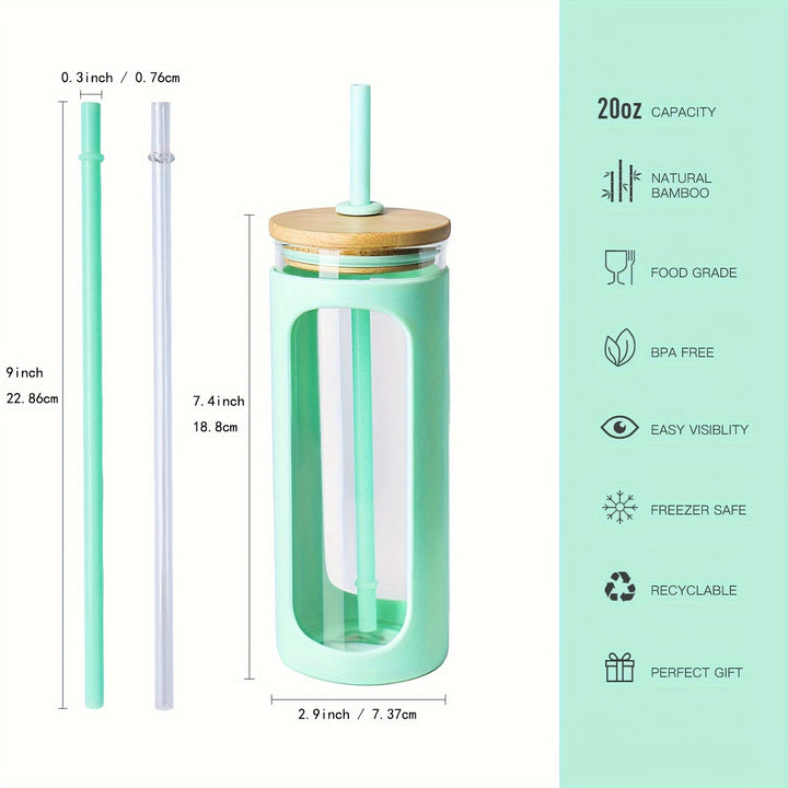 MUKOKO 20oz Glass Water Tumble With Straw And Lid, Bamboo Lids Water Bottle, Iced Coffee Cup Reusable, Wide Mouth Smoothie Cups, Straw Silicone Protective Sleeve BPA FREE - Total Trends Fusion