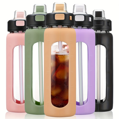 MUKOKO 24oz Glass Water Bottle With Straw, Motivational Water Bottles With Time Marker And Silicone Sleeve, Glass Bottle With Locking Lid And Carry Loop - Total Trends Fusion