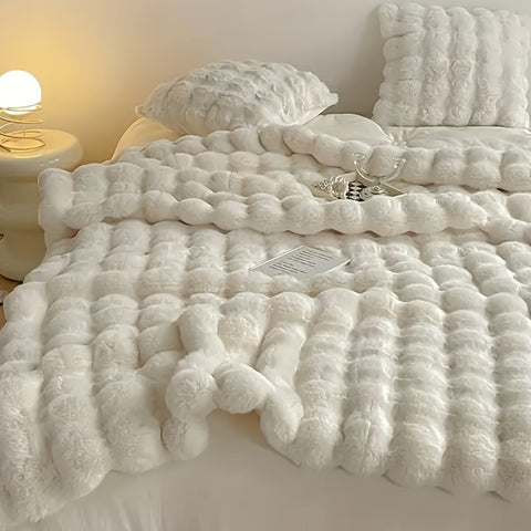 Luxurious Reversible Faux Rabbit Fur Blanket - Ultra-Soft, Fluffy Bubble Plush Throw in Light Gray - Ideal for Sofa, Bed, Office & Travel - Perfect All-Season Gift, 51"x63" or 71"x79, Nap Blanket, Dormitory, Christmas Gift