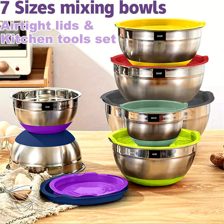 Bowls With Airtight Lids, 20 Piece Stainless Steel Metal Nesting Bowls, Non-Slip Colorful Silicone Bottom, Size 7, 3.5, 2.5, 2.0, 1.5, 1, 0.67QT, Great For Mixing, Baking, Serving - Total Trends Fusion