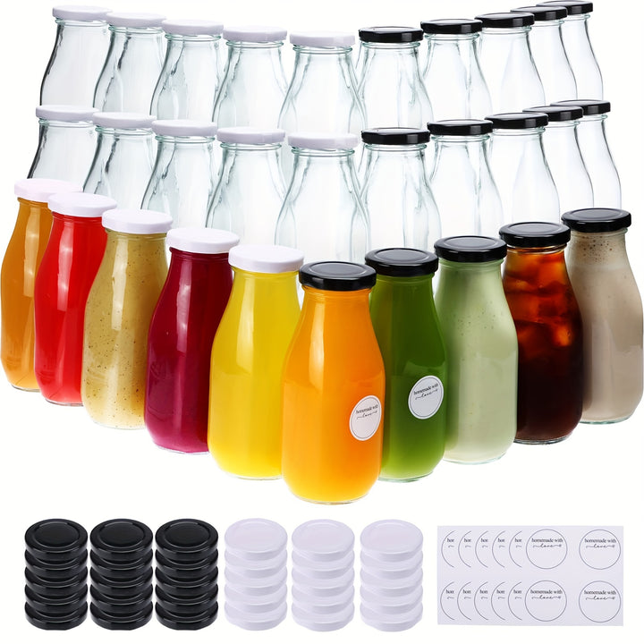 30pcs 12oz Glass Milk Bottle with Lid, 30 Milk Jars, 30 Metal Lids, and 32 Waterproof Stickers for Versatile Use, Small Reusable Vintage Glass Milk Jars Drinking Juice Bottles with 60 Lids and Waterproof Labels - Total Trends Fusion