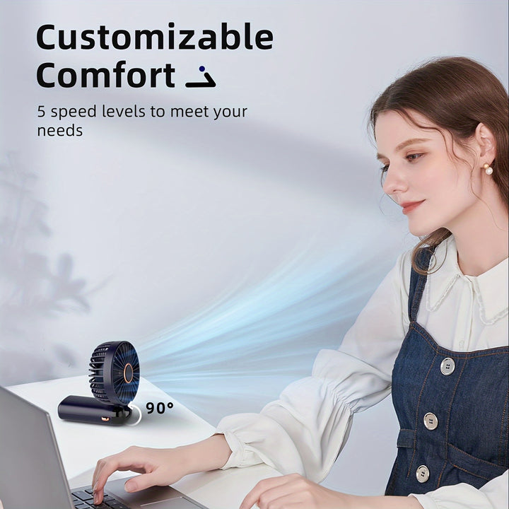 Portable Mini Handheld Fan - 5000mAh USB Rechargeable, Touch Control, 5-Speed Foldable Fan, LED Display, For Home, Office, Outdoor Hand Held/Desk/Neck Fan 3 In 1 Mini Fan With Base - Total Trends Fusion