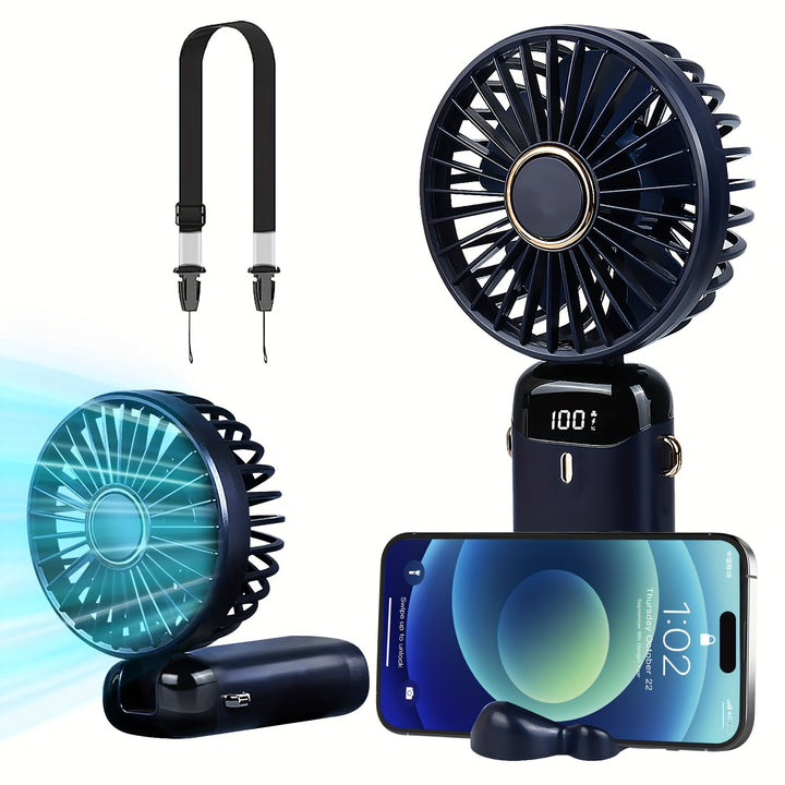 Portable Mini Handheld Fan - 5000mAh USB Rechargeable, Touch Control, 5-Speed Foldable Fan, LED Display, For Home, Office, Outdoor Hand Held/Desk/Neck Fan 3 In 1 Mini Fan With Base - Total Trends Fusion