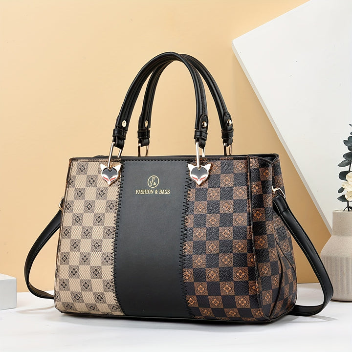 New versatile color blocking high-capacity checkered printed handbag - Total Trends Fusion