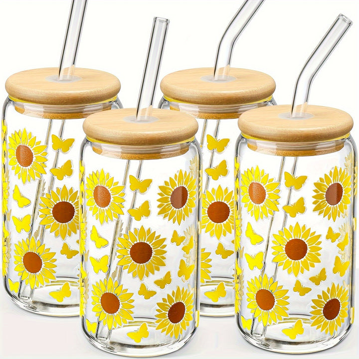 4PS Sunflower Printed Glass With Lid And Straw 16OZ Coffee Mugs, Drinking Mugs 4-Piece Set For Coffee, Milk Tea, Juice, Beer Mugs, Gift Mugs - Total Trends Fusion