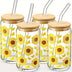 4PS Sunflower Printed Glass With Lid And Straw 16OZ Coffee Mugs, Drinking Mugs 4-Piece Set For Coffee, Milk Tea, Juice, Beer Mugs, Gift Mugs - Total Trends Fusion