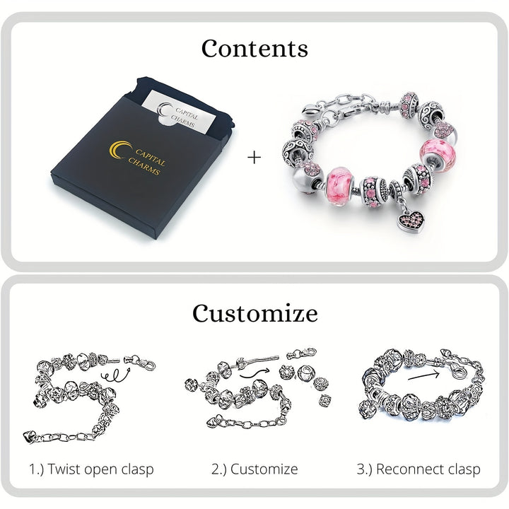 Pink Heart-Shaped Pendant - Adjustable Serpentine Chain Beaded Jewelry Gift Set