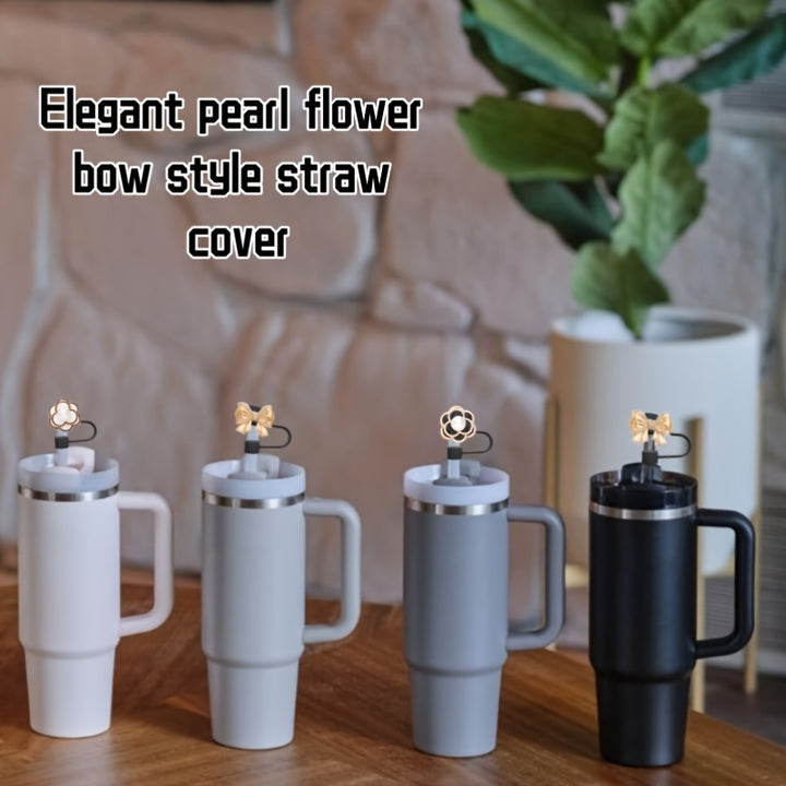 4-Pack Elegant Faux Pearl And Bow Silicone Straw Tips, 10mm Size, Dust Proof Straw Covers, Reusable Drinking Straw Lids, Decorative Cup Accessories - Total Trends Fusion