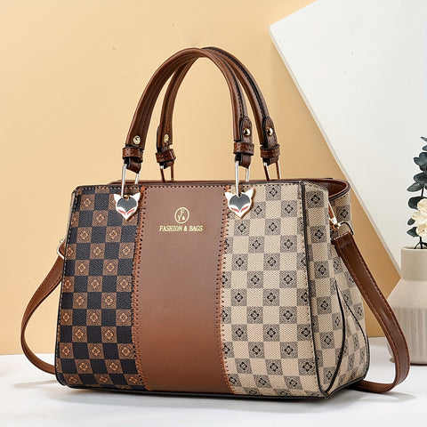 New versatile color blocking high-capacity checkered printed handbag - Total Trends Fusion