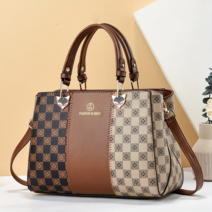 New versatile color blocking high-capacity checkered printed handbag - Total Trends Fusion