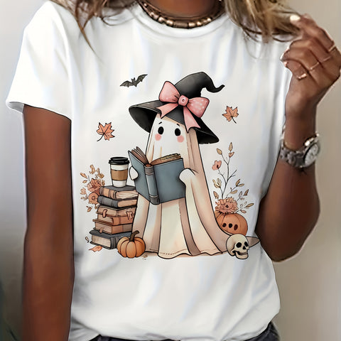 Women's Casual Crew Neck T-Shirt with Halloween Ghost, Book & Pumpkins Graphic, Knit Polyester Blend, Regular Length Short Sleeve Top for Summer - Total Trends Fusion